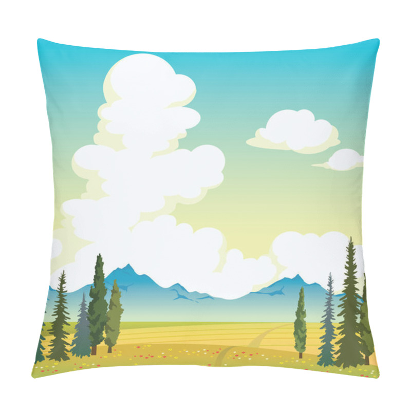 Personality  Clouds, Meadow, Mountains And Blue Sky. Summer Landscape. Pillow Covers