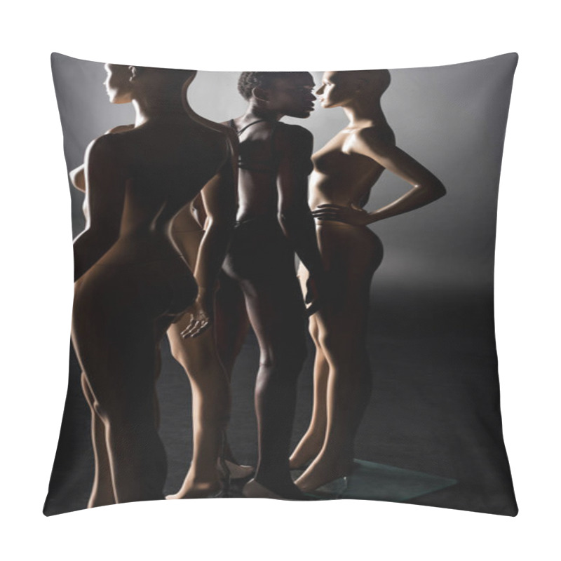 Personality  Full Length View Of African American Girl In Swimsuit Posing Between Mannequins On Black Pillow Covers