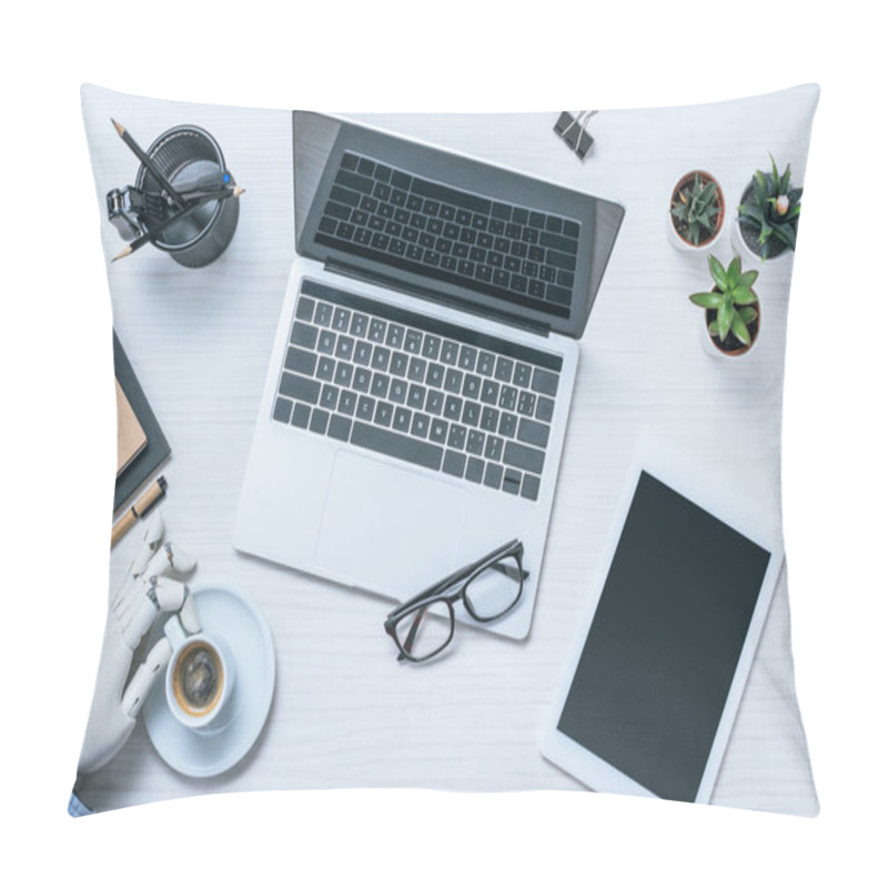 Personality  Cropped Image Of Businessman With Prosthetic Arm Resting And Drinking Coffee At Table With Laptop In Office  Pillow Covers