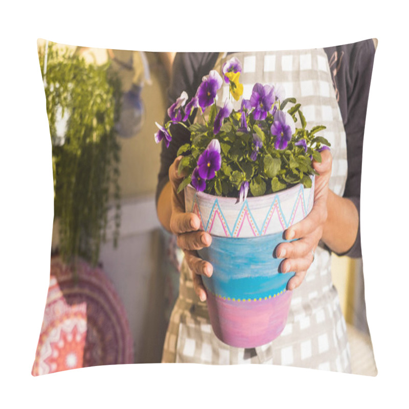 Personality  A Woman Take A Vase Of Violet Working At Home In The Terrace On Her Little Garden. Hand Made Design Art With A Lot Of Colors. Sunlight And Shadow Pillow Covers