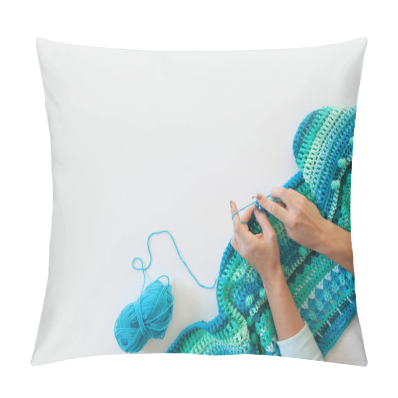 Personality  Women's Hands Are Large. Woman Crochets. Yarn Of Green, Turquois Pillow Covers