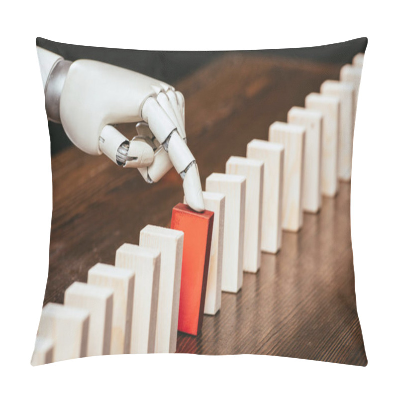 Personality  Robotic Hand Picking Red Wooden Brick From Row Of Blocks On Desk Pillow Covers