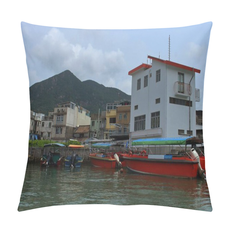 Personality  Tai O Fishing Village In Hong Kong With Traditional Stilt Houses Lining The Canal, Wooden Boats Moored Along The Water, And Lush Green Hills Rising In The Background Pillow Covers