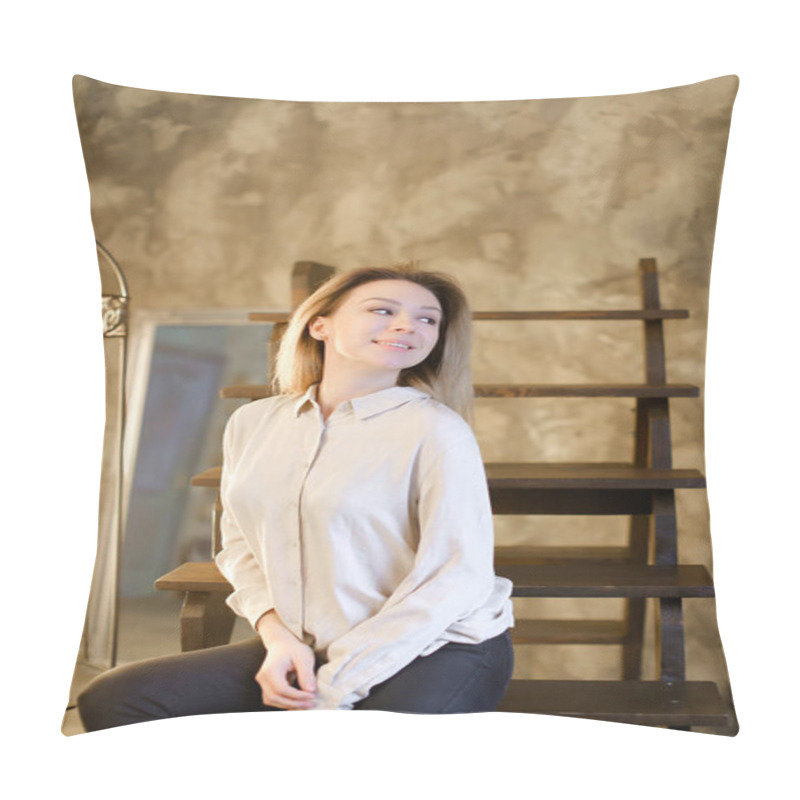 Personality  Portrait Of Young Blonde Girl Sitting On Wooden Stairs. Pillow Covers