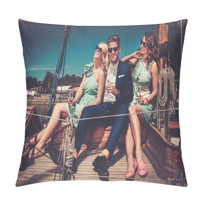 Personality  Stylish Wealthy Friends Having Fun On A Luxury Yacht  Pillow Covers