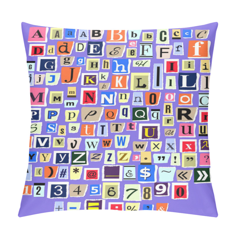 Personality  Alphabet Collage ABC Vector Alphabetical Font Letter Cutout Of Newspaper Magazine And Colorful Alphabetic Handmade Cutting Text Newsprint Illustration Alphabetically Typeset Isolated On Background Pillow Covers