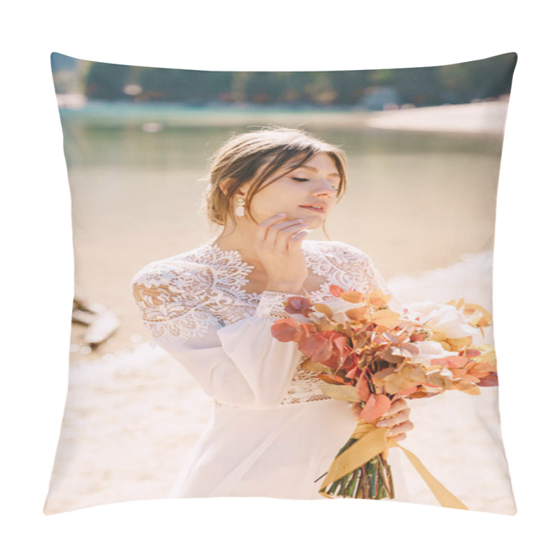 Personality  Beautiful Bride In A White Dress With Sleeves And Lace, With A Yellow Autumn Bouquet Of Dried Flowers And Peony Roses, On The Lago Di Braies In Italy. Destination Wedding In Europe, On Braies Lake. Pillow Covers