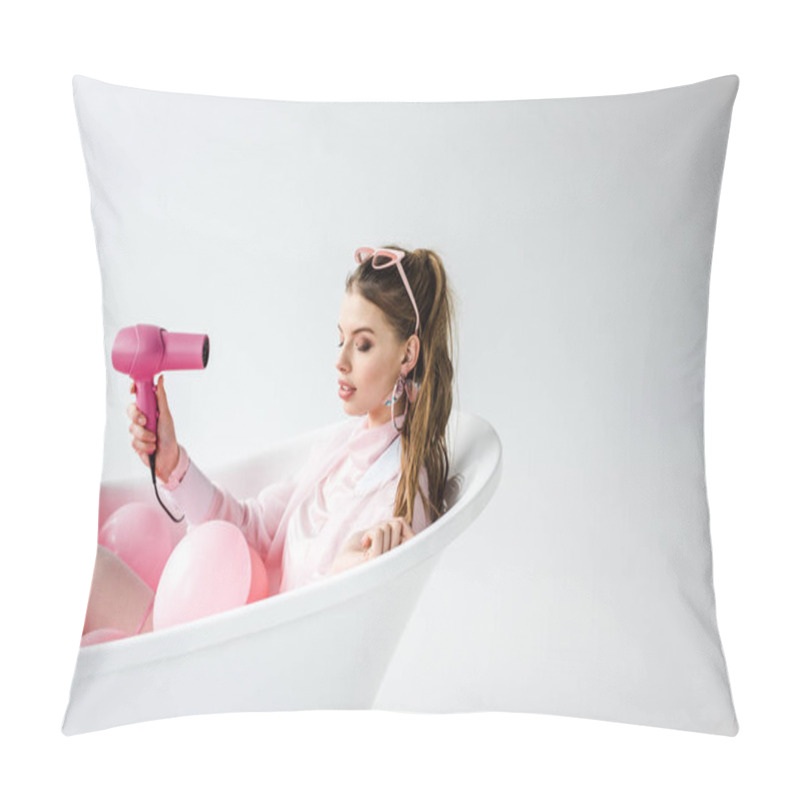 Personality  Pretty Girl Using Hair Dryer While Lying In Bathtub With Pink Air Balloons On White  Pillow Covers