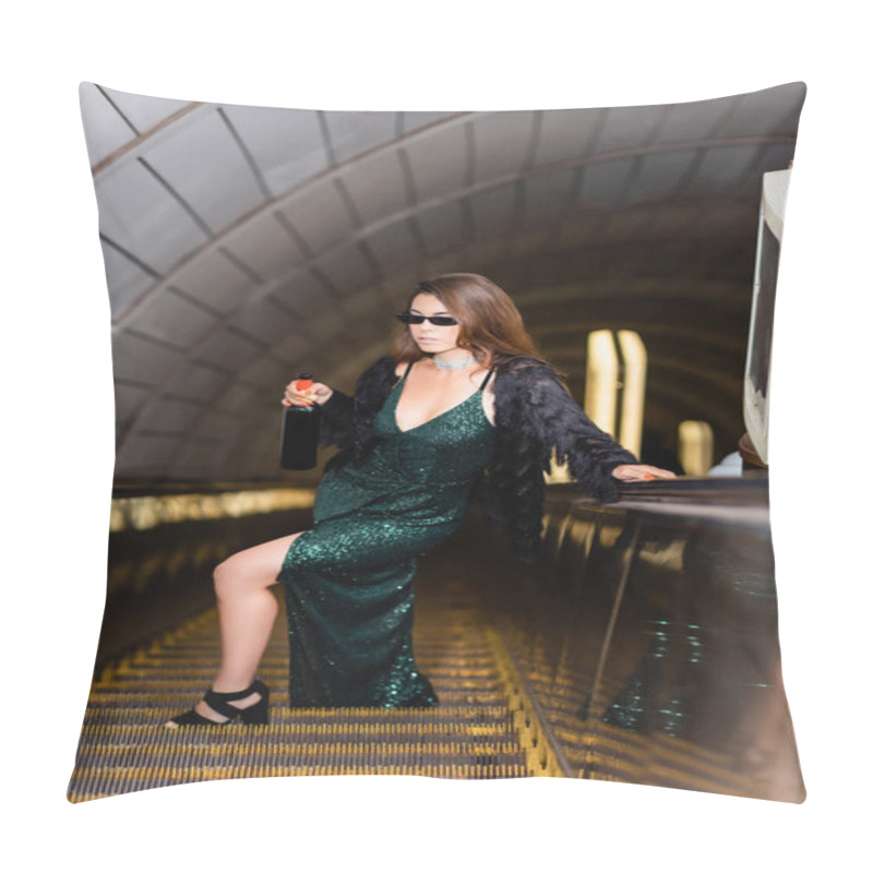 Personality  Elegant Woman On Escalator In Long Black Dress And Sunglasses Holding Wine Bottle On Blurred Foreground Pillow Covers