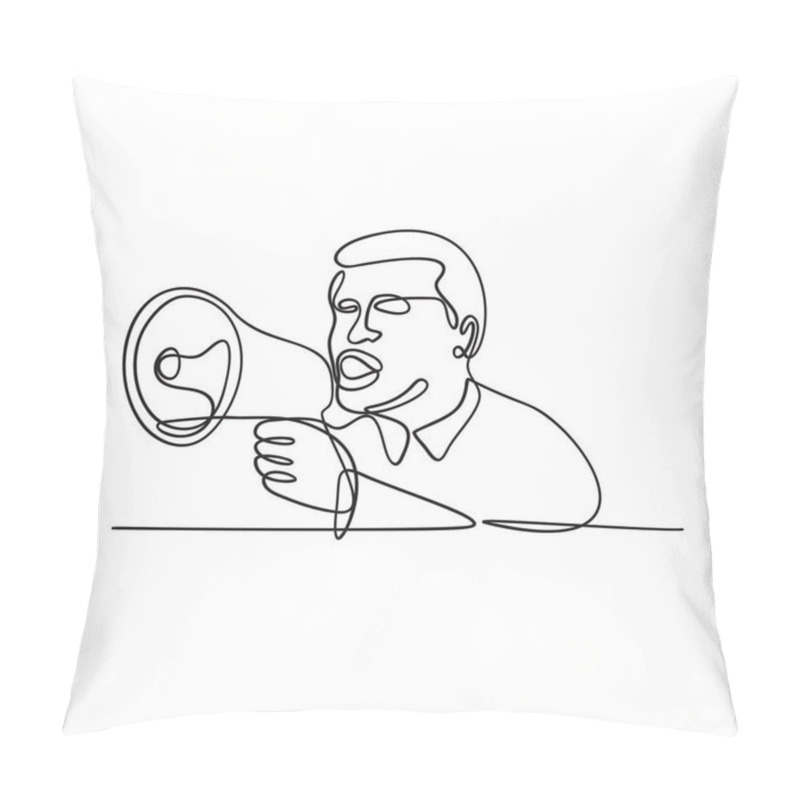 Personality  Continuous Line Drawing Illustration Of A Male Activist Or Protester Shouting With Bullhorn, Megaphone, Loudhailer Or Loudspeaker Viewed From Front Done In Black And White Sketch Or Doodle Style.  Pillow Covers