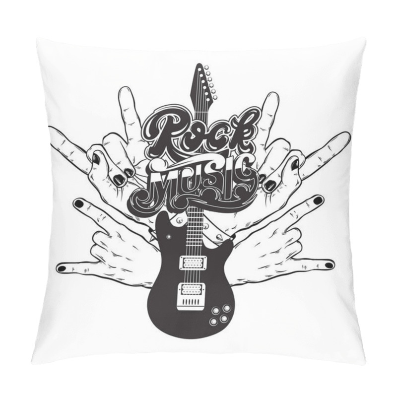 Personality  Vector Hand Drawn Illustration Of Guitar, Rock Hands  And Handwritten Lettering. Tattoo Artwork.  Template For Card, Poster, Banner, Print For T-shirt, Label. Pillow Covers