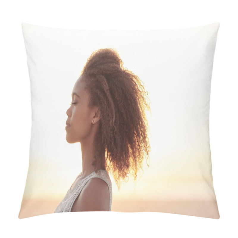 Personality  Woman With Eyes Closed On Beach At Dusk Pillow Covers