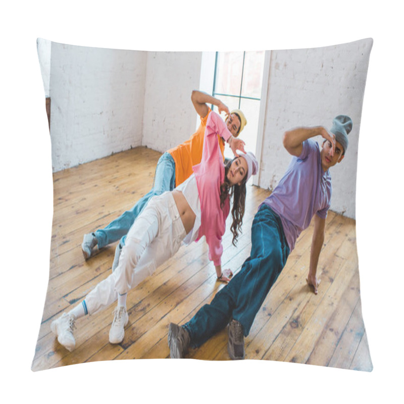 Personality  Stylish Multicultural Men Breakdancing With Young Pretty Woman  Pillow Covers