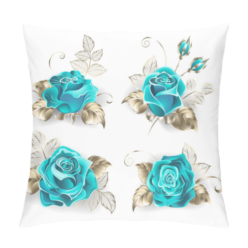 Personality  Set Of Turquoise Roses, With Leaves Of White Gold On A White Background. Blue Tiffany. Fashionable Color. Turquoise Rose Pillow Covers