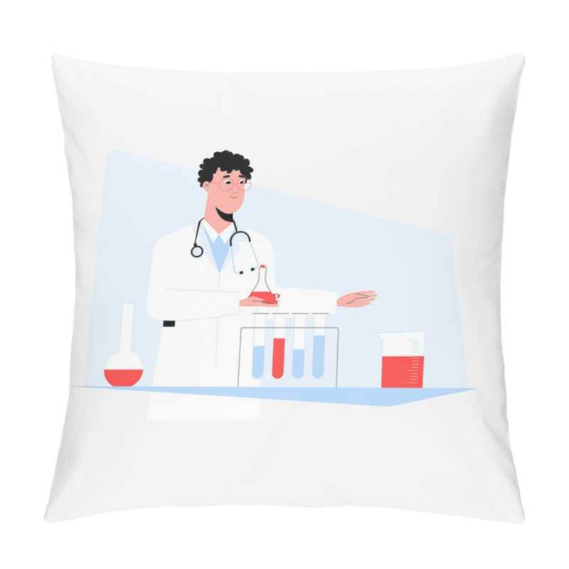 Personality  Male Scientist Conducting An Experiment With Test Tubes In A Laboratory, Flat Vector Illustration Symbolizing Scientific Research And Laboratory Work, Isolated On White Background. Pillow Covers