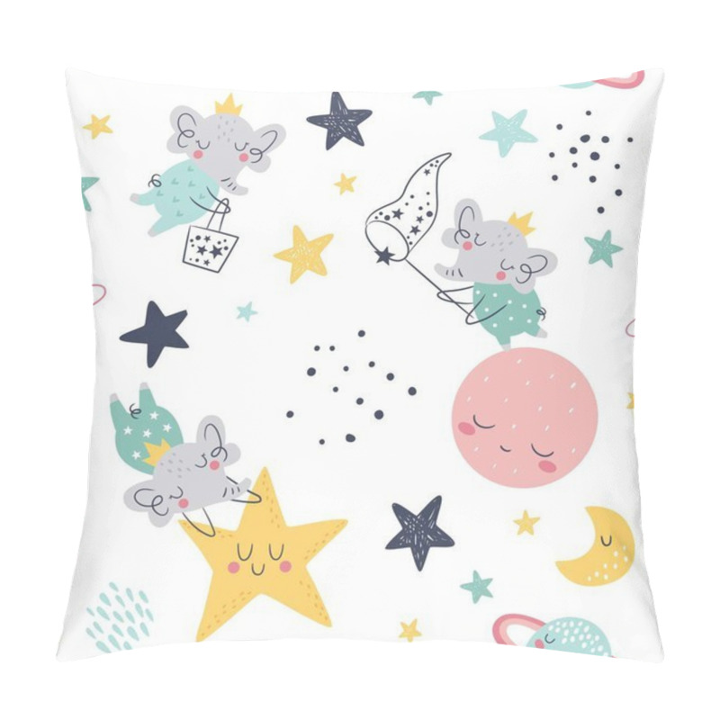 Personality  Seamless Childish Pattern With Catching Stars Cute Elephants, Planets, Cloud, Moon And Stars. Creative Kids Texture For Fabric, Wrapping, Textile, Wallpaper, Apparel. Vector Illustration Pillow Covers