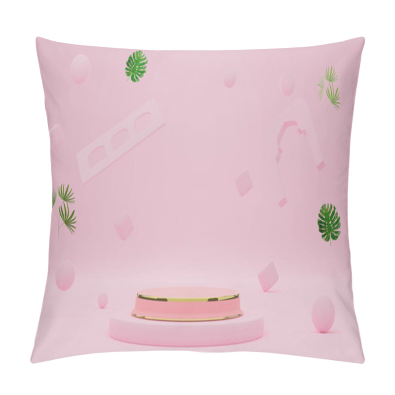 Personality  Podium Empty With Geometric Shapes In Pink Pastel Composition For Modern Stage Display And Minimalist Mockup ,abstract Showcase Background ,Concept 3d Illustration Or 3d Render Pillow Covers