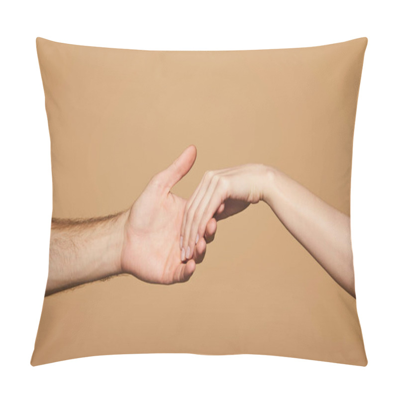 Personality  Cropped View Of Man Holding Hand Of Woman Isolated On Beige Pillow Covers