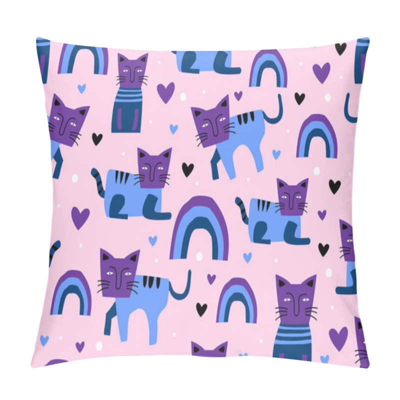 Personality  Cats Seamless Pattern, Childish Drawing Scandinavian Style. Cute Character Funny Poses. Blue And Pink Colorful Background For Baby And Kids Fashion Textile Print. Pillow Covers