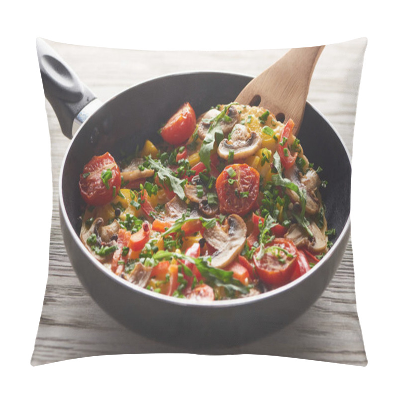 Personality  Homemade Omelet With Vegetables And Greens In Frying Pan With Wooden Shovel Pillow Covers