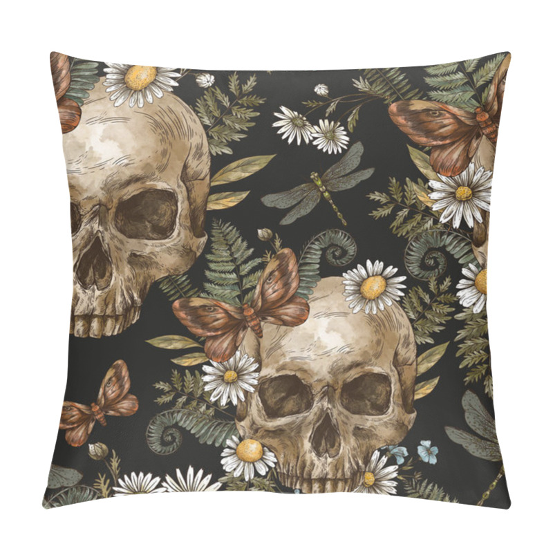 Personality  Vintage Floral Skull Seamless Pattern With Moth, Chamomile And Fern. Mystery Skull Engraving Hand-drawn Texture On Black Background Pillow Covers