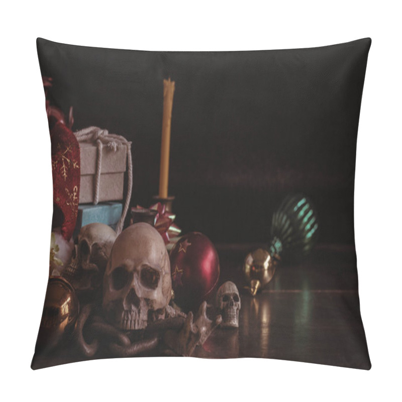 Personality  Skull And Gifts On Wooden. Pillow Covers