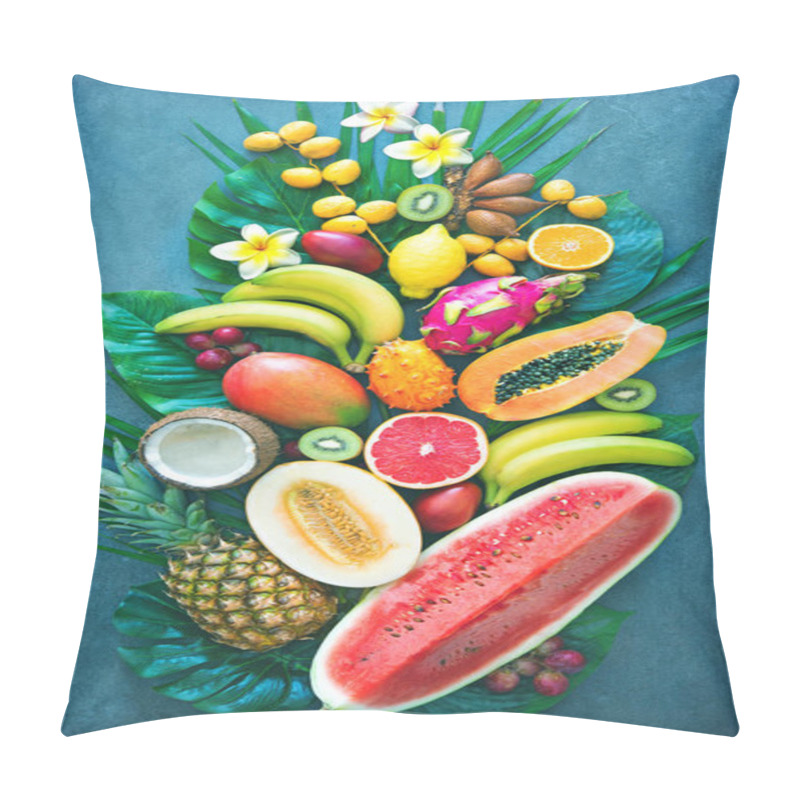 Personality  Assortment Of Tropical Fruits With Palm Leaves And Exotic Flowers. Top View Pillow Covers