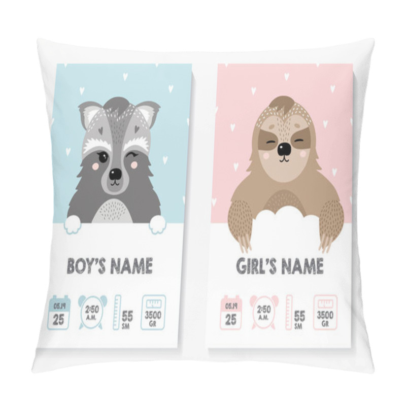 Personality  A Set Of Children's Posters, Height, Weight, Date Of Birth. Raccoon, Sloth. Vector Illustration On Blue And Pink Background. Illustration Newborn Metric For Children Bedroom. Pillow Covers