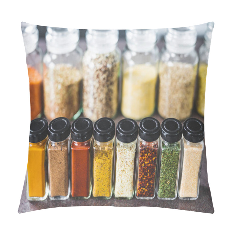 Personality  Spices And Grains In Matching Spice Jars On Kitchen Counter, Simple Vegan Ingredients And Concept Of Flavoring Your Dishes Pillow Covers