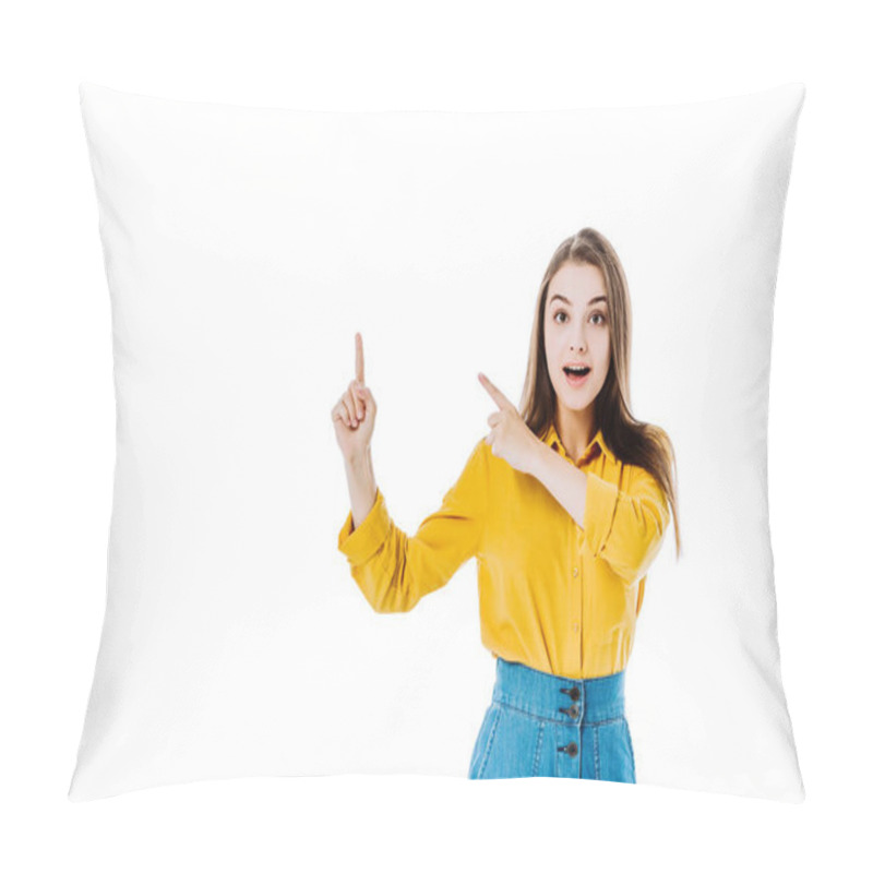 Personality  Surprised Attractive Girl Pointing With Fingers Isolated On White Pillow Covers