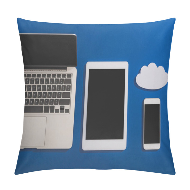 Personality  Top View Of Empty White Paper Cloud Near Laptop, Smartphone And Digital Tablet With Blank Screen Isolated On Blue Pillow Covers