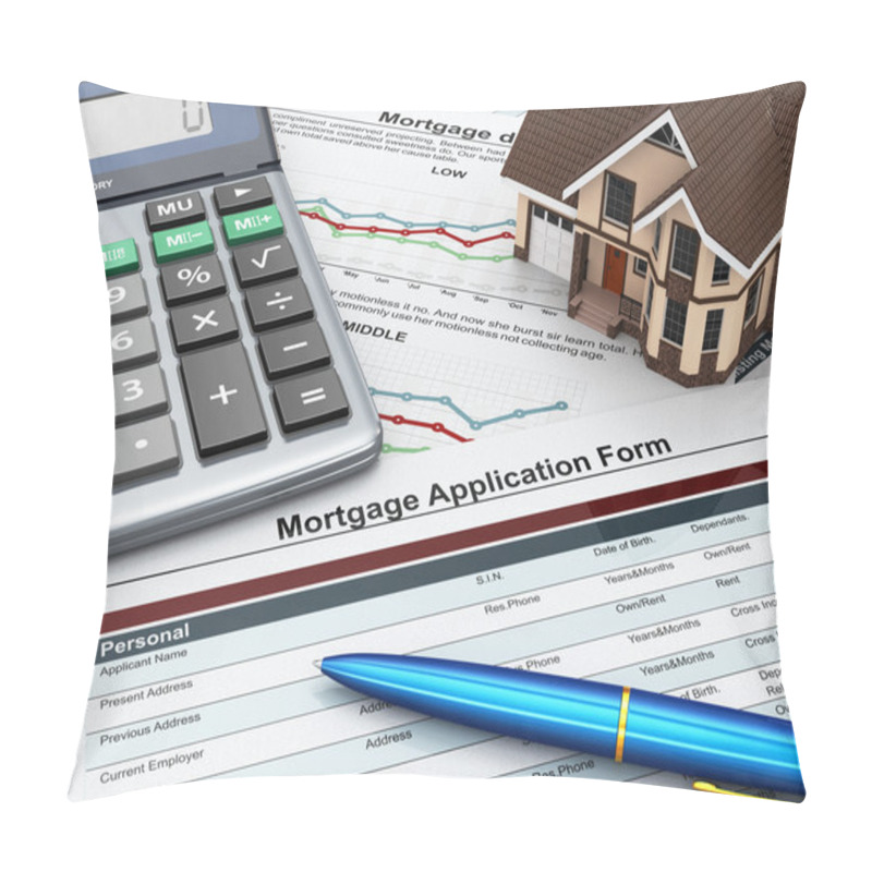 Personality  Mortgage Application Form With A Calculator And House. Pillow Covers