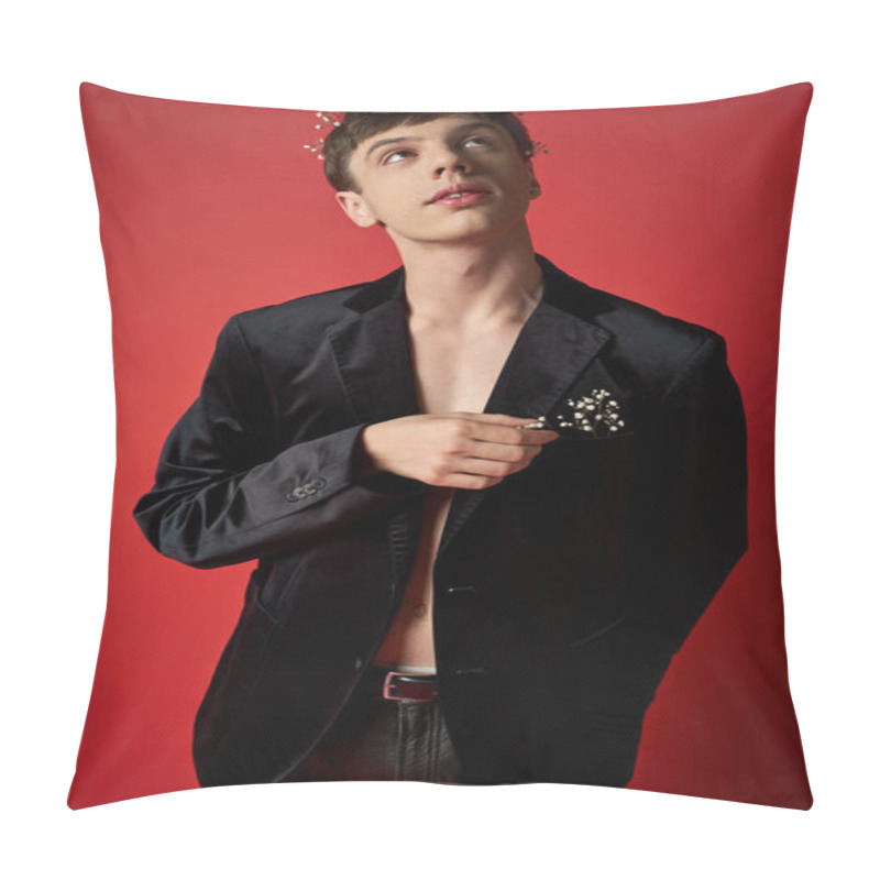 Personality  Dreamy Man In Velvet Blazer With Flowers In Hair And Pocket Of Velvet Blazer Looking Up On Red Pillow Covers