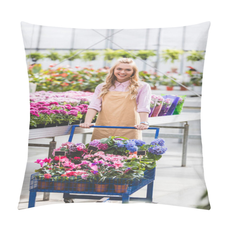 Personality  Blonde Woman Pushing Cart With Flowers In Greenhouse Pillow Covers