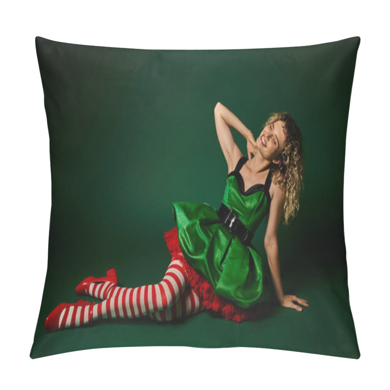 Personality  Attractive Woman Dressed As New Year Elf Slightly Reclining On Floor Posing On Green Backdrop Pillow Covers