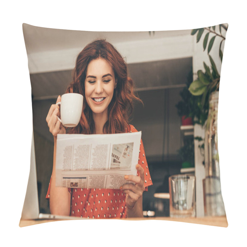 Personality  Portrait Of Smiling Woman With Cup Of Coffee Reading Newspaper At Table With Laptop In Coffee Shop Pillow Covers