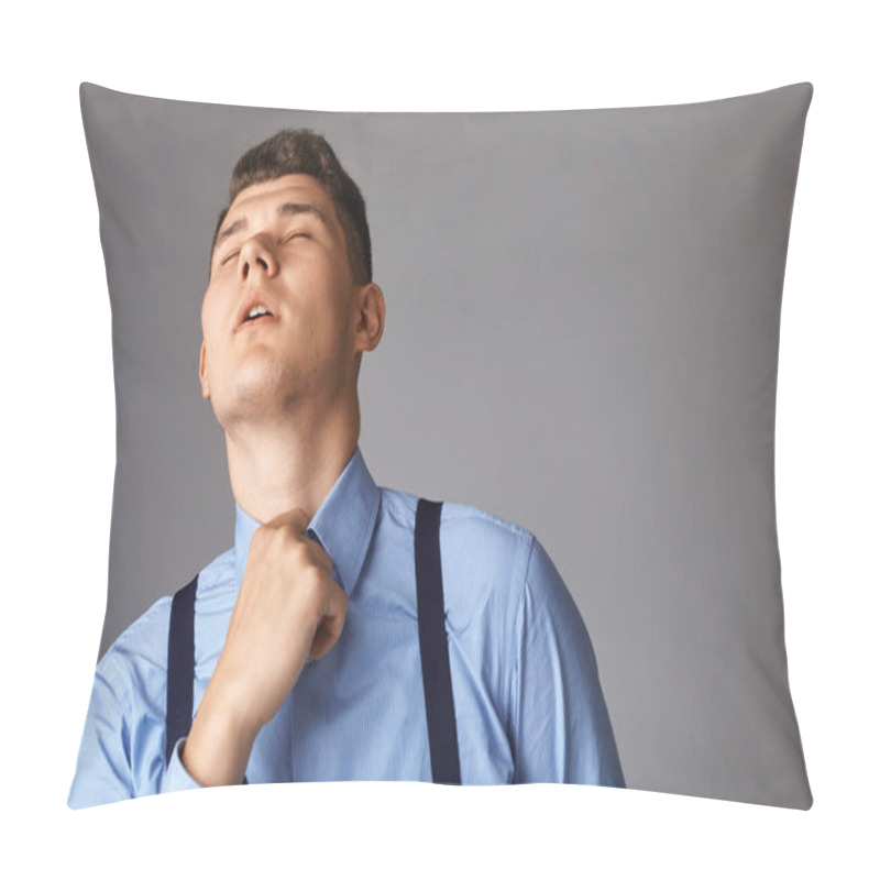 Personality  Young Businessman Tired And Trying To Unbutton His Shirt Pillow Covers