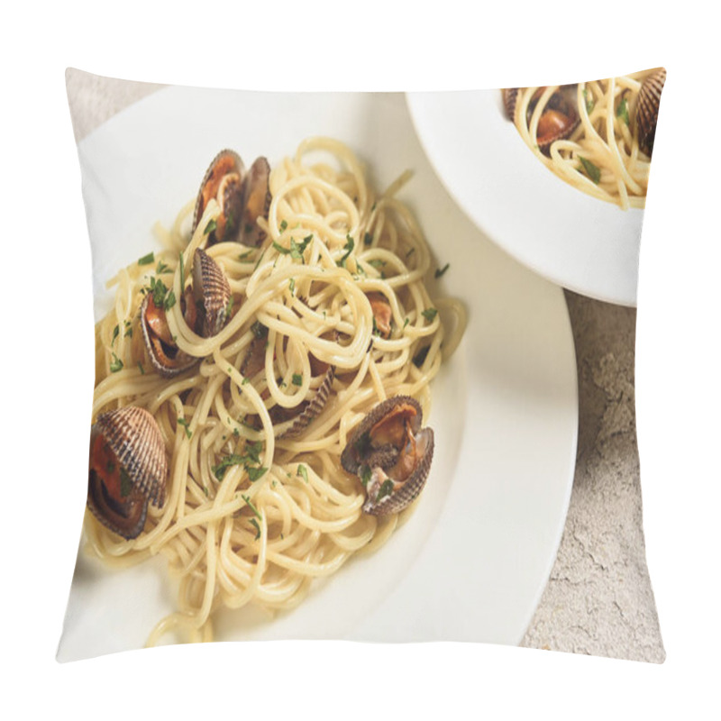 Personality  Close Up View Of Tasty Pasta With Seafood Served In Two White Plates Pillow Covers