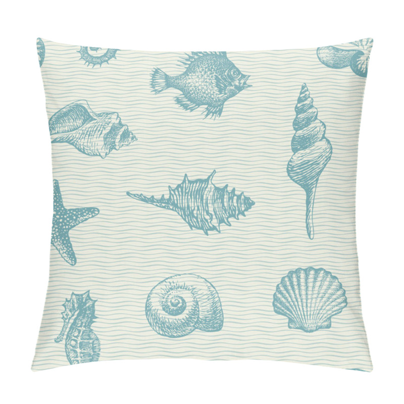 Personality  Seamless Pattern With Pencil Drawings Of Seashells, Starfish And Seahorses On A Backdrop With A Blue Wavy Pattern. Vector Background In Retro Style With Beautiful Hand-drawn Shells Of Various Shapes Pillow Covers