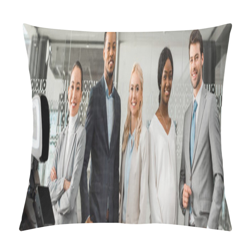 Personality  Panoramic Shot Of Smiling Multicultural Businesspeople Looking At Camera While Standing Near Robot Pillow Covers