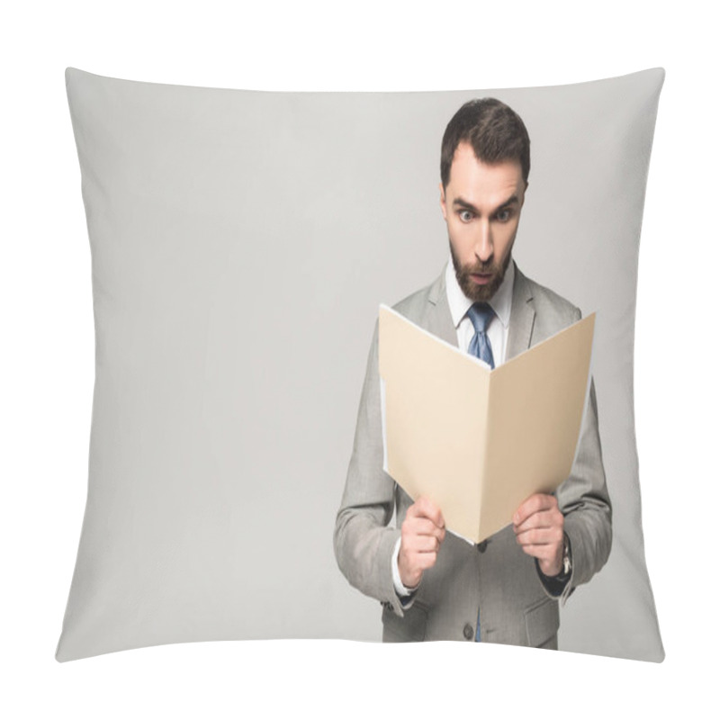 Personality  Shocked Businessman Looking At Documents In Paper Folder Isolated On Grey Pillow Covers