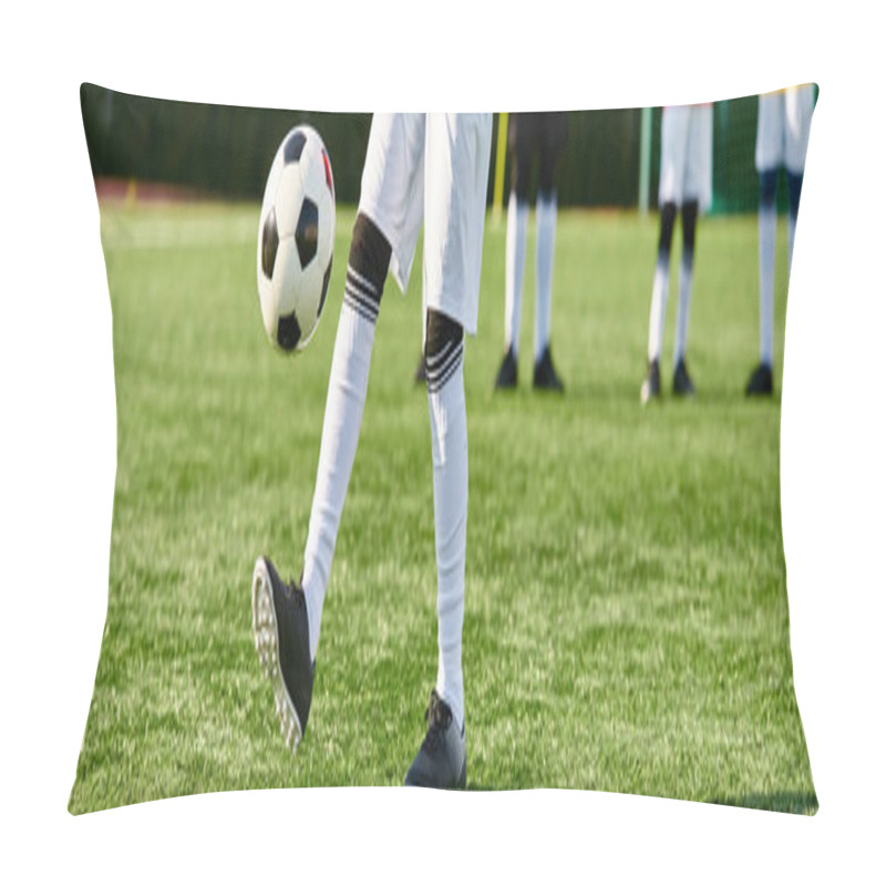 Personality  A Person Passionately Kicks A Soccer Ball On A Vibrant Field, Showcasing Skill And Determination In A Dynamic Sports Moment. Pillow Covers