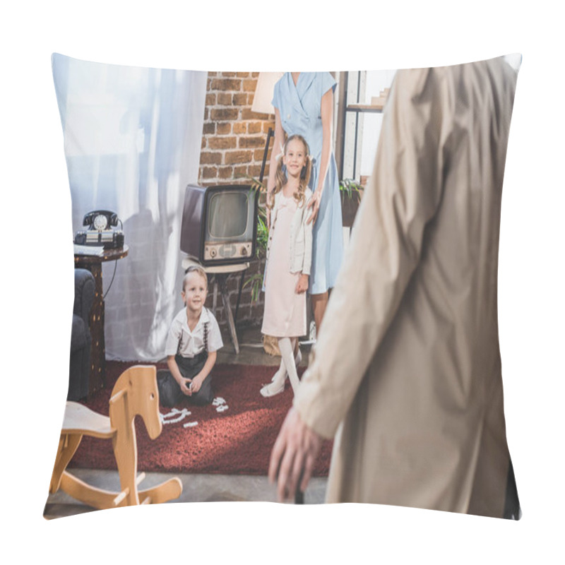 Personality  Cropped Shot Of Father Coming Home And Looking At Happy Family Playing At Home, 1950s Style Pillow Covers