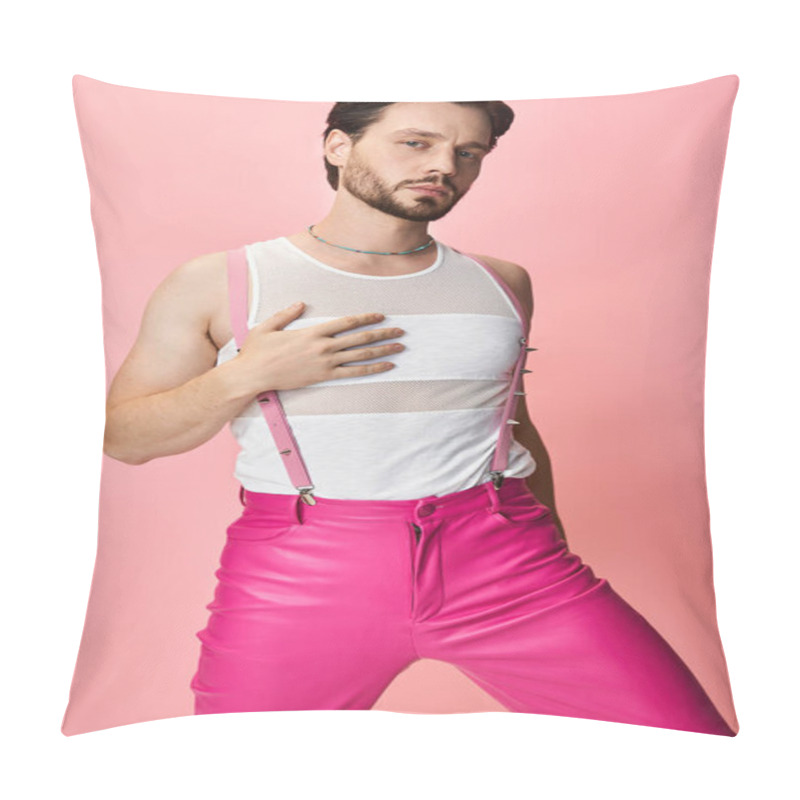 Personality  A Model Confidently Showcases Bold LGBTQ Fashion In Vibrant Pink Against A Matching Backdrop. Pillow Covers