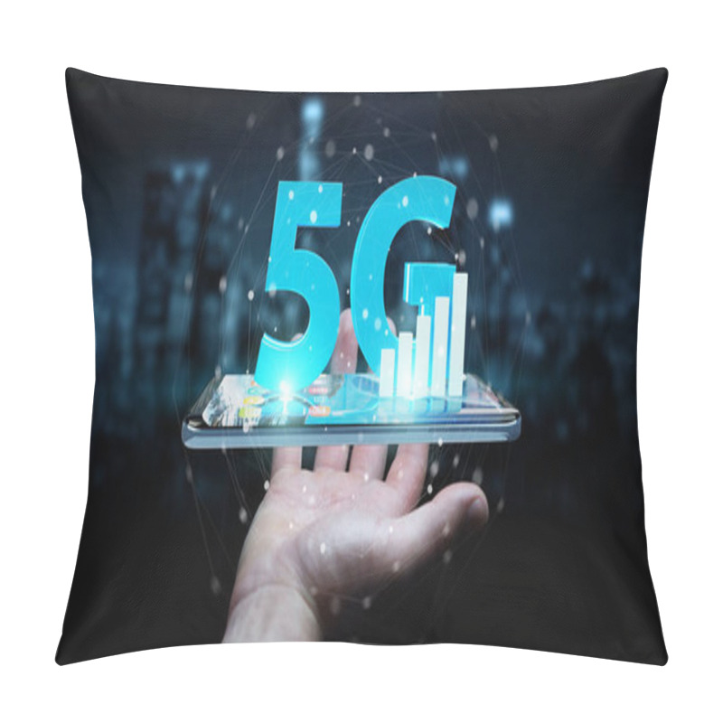 Personality  Businessman On Blurred Background Using 5G Network With Mobile Phone 3D Rendering Pillow Covers