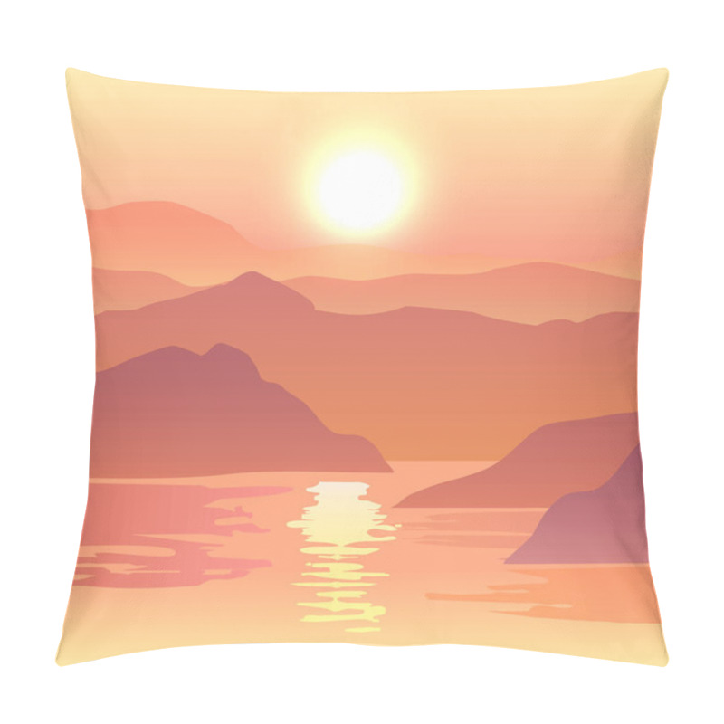 Personality  Nature Vector Background, Landscape With Mountains And Sun. Panorama Of Mountains, Wilderness, Sands, Valley On Sunset Or Sunrise. Pillow Covers