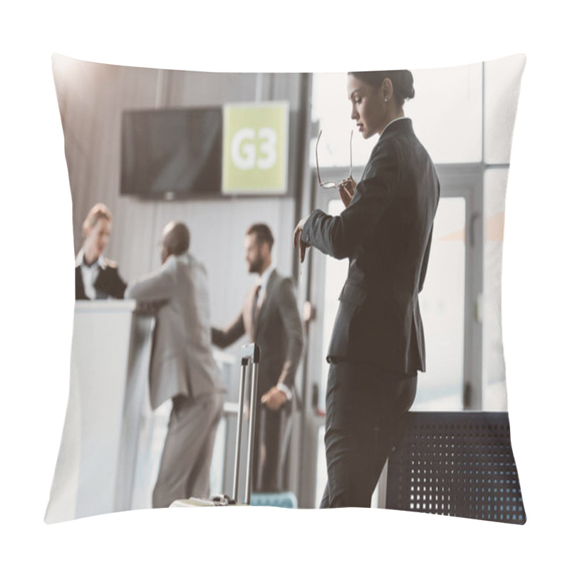 Personality  Businessman Looking At Watch While Waiting For Flight At Airport Lobby Pillow Covers