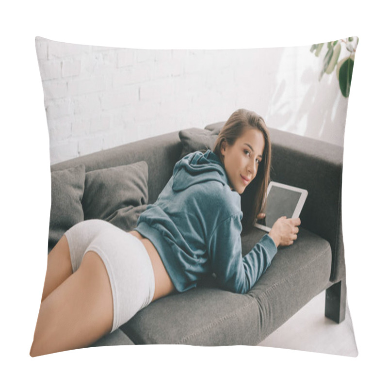 Personality  Beautiful Smiling Woman In Panties Using Digital Tablet On Sofa Pillow Covers