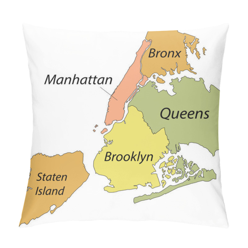 Personality  Simple Pastel Vector Map With Black Borders And Names Of Boroughs Of The New York City, USA Pillow Covers