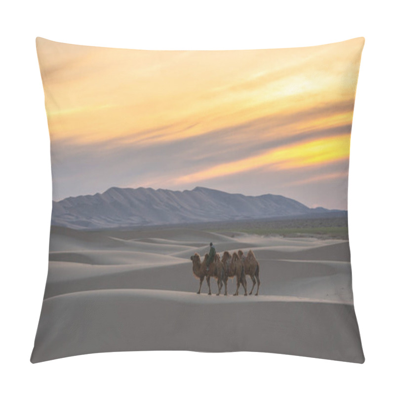 Personality  Camel Going Through The Sand Dunes On Sunrise, Gobi Desert Mongolia. Pillow Covers